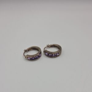 Estate Silver 925 Hoop Earrings with Purple Accents